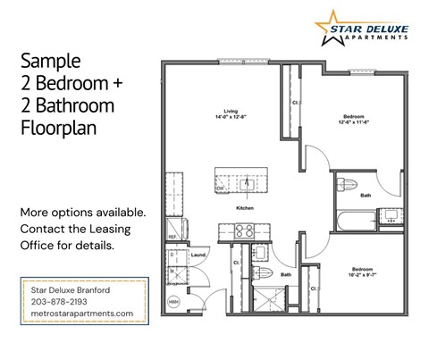 A floor plan for a 2 bedroom plus 2 bathroom apartment from Star Deluxe Apartments.